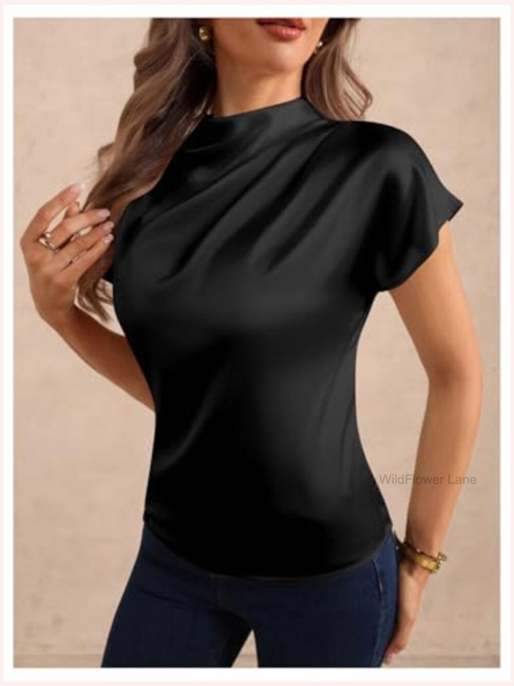 Mock Neck Satin Blouse Dolman Short Sleeve Ruched Elegant Top - Picture 3 of 6